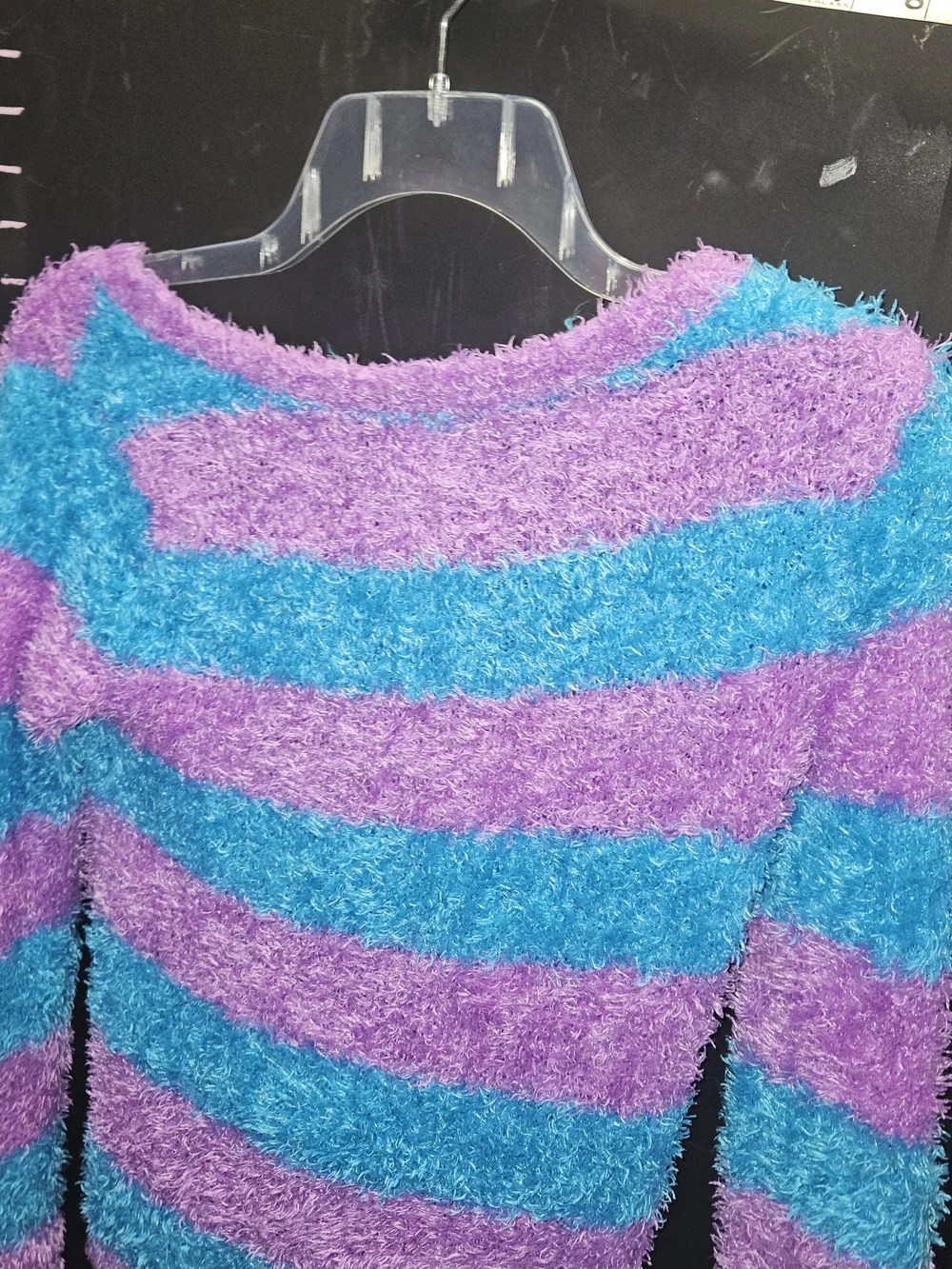 Justice Fuzzy Stripe Sweater in Purple & Teal Blue Size 12 Loose V Neck